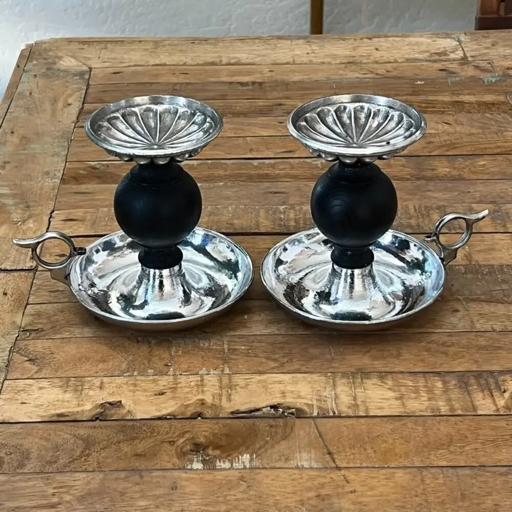 Vintage Dilly Metal & Wood Chamberstick Finger Loop Candle Holder